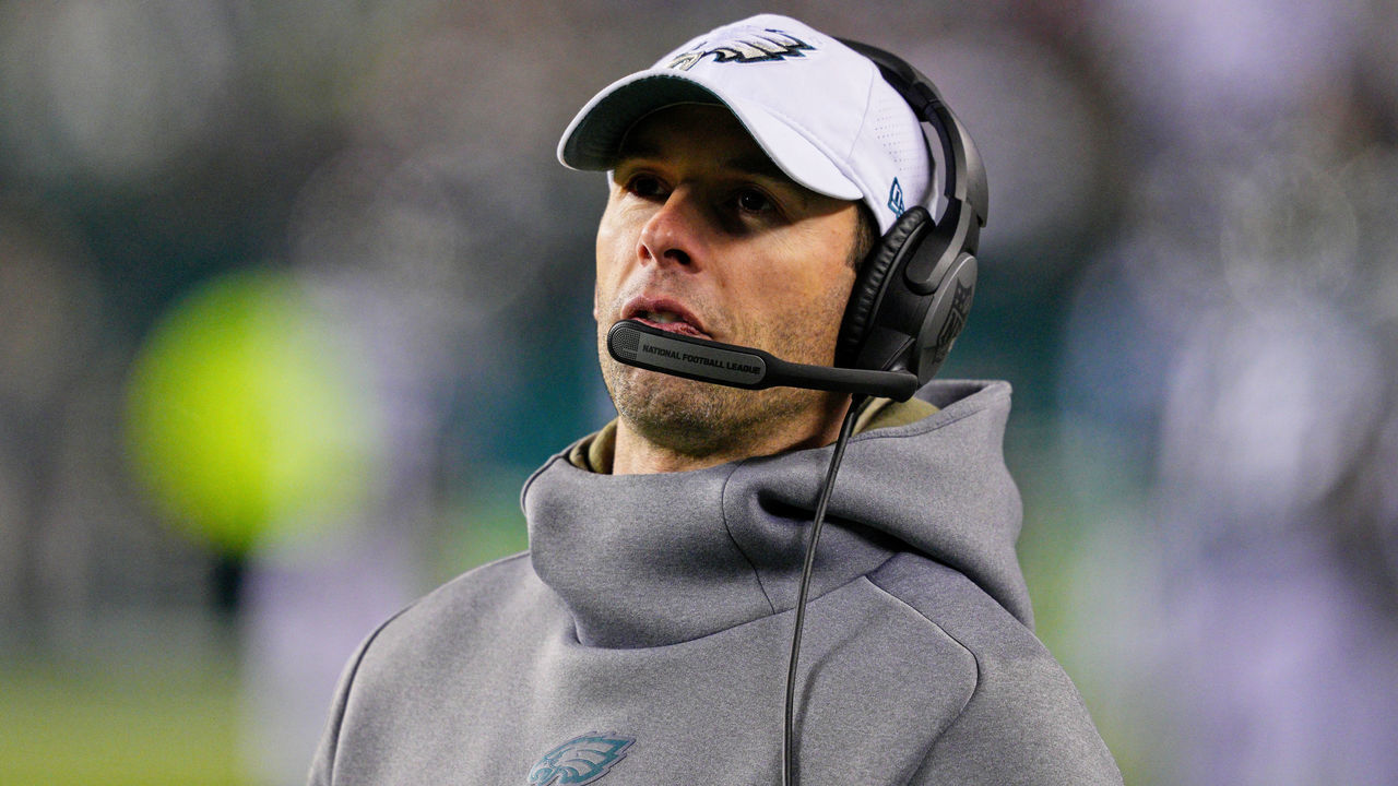 PHILADELPHIA, PA - NOVEMBER 14: Philadelphia Eagles defensive coordinator Jonathan Gannon looks on during the game between the Washington Commanders and the Philadelphia Eagles on November 14, 2022 at Lincoln Financial Field in Philadelphia, PA.