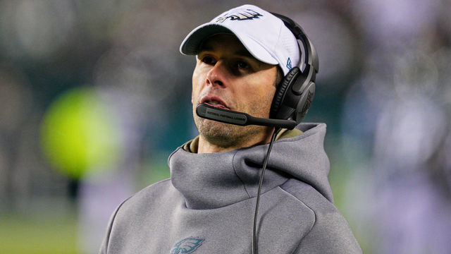 PHILADELPHIA, PA - NOVEMBER 14: Philadelphia Eagles defensive coordinator Jonathan Gannon looks on during the game between the Washington Commanders and the Philadelphia Eagles on November 14, 2022 at Lincoln Financial Field in Philadelphia, PA.