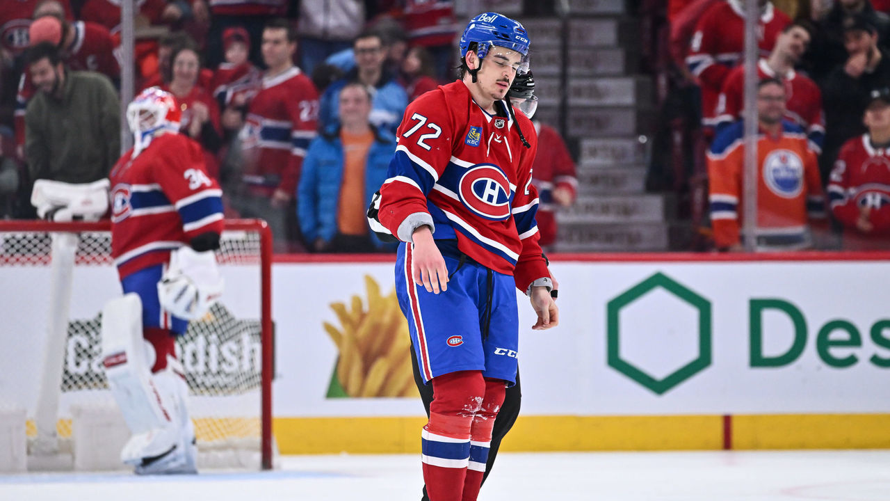 MONTREAL, CANADA - FEBRUARY 12: Arber Xhekaj #72 of the Montreal Canadiens skates towards the locker room after a fight during the second period against the Edmonton Oilers at Centre Bell on February 12, 2023 in Montreal, Quebec, Canada. The Montreal Canadiens defeated the Edmonton Oilers 6-2.