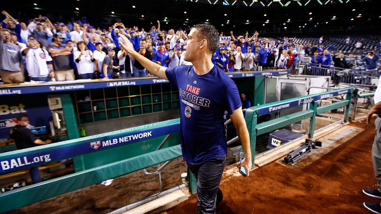 PITTSBURGH, PA - OCTOBER 07: Chicago Cubs President of Baseball Operations Theo Epstein greets fans after the Chicago Cubs defeat the Pittsburgh Pirates to win the National League Wild Card game at PNC Park on October 7, 2015 in Pittsburgh, Pennsylvania. The Chicago Cubs defeated the Pittsburgh Pirates with a score of 4 to 0.