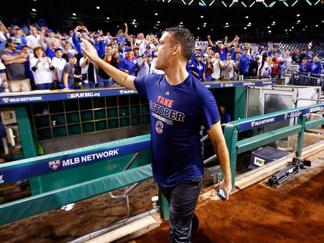 PITTSBURGH, PA - OCTOBER 07: Chicago Cubs President of Baseball Operations Theo Epstein greets fans after the Chicago Cubs defeat the Pittsburgh Pirates to win the National League Wild Card game at PNC Park on October 7, 2015 in Pittsburgh, Pennsylvania. The Chicago Cubs defeated the Pittsburgh Pirates with a score of 4 to 0.