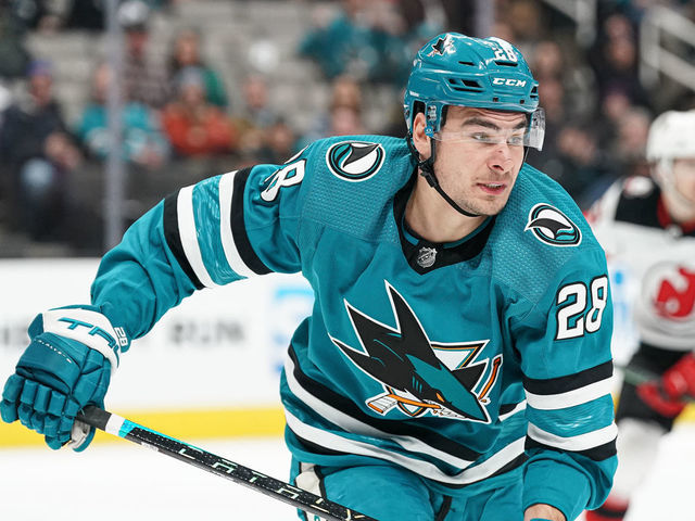 SAN JOSE, CA - JANUARY 16: Timo Meier #28 of the San Jose Sharks skates after the puck against the New Jersey Devils at SAP Center on January 16, 2023 in San Jose, California.