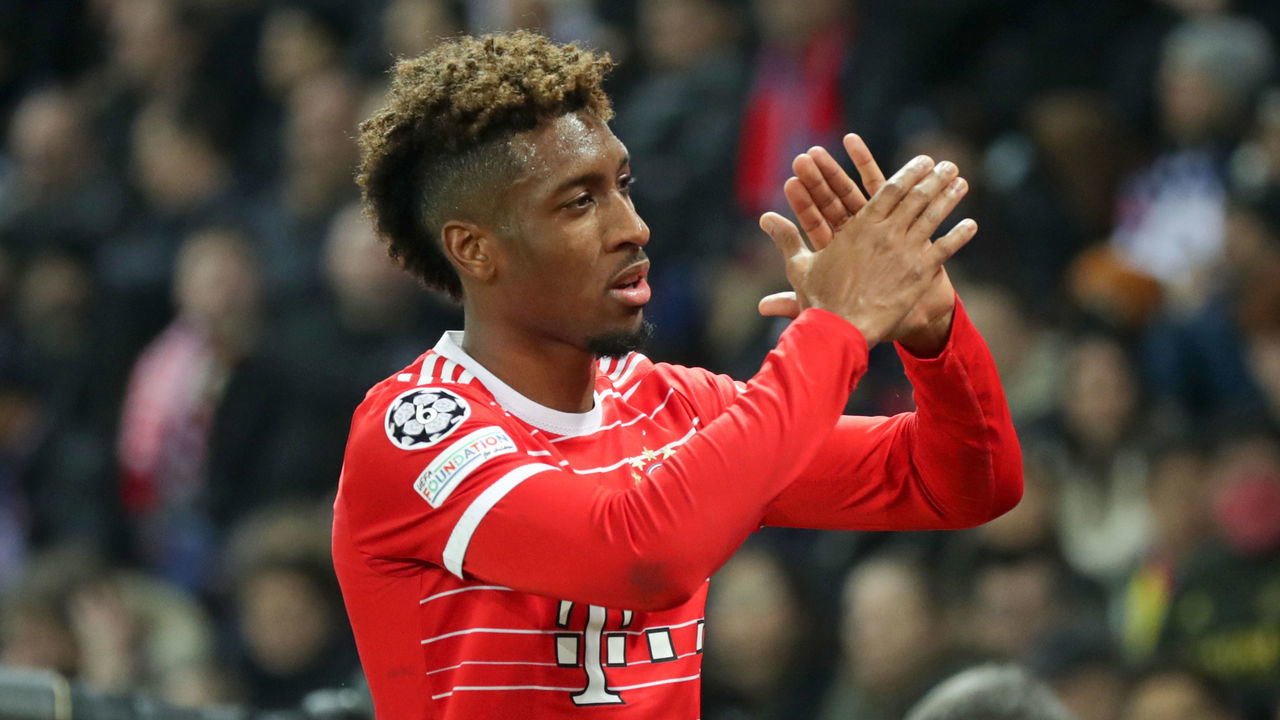 PARIS, FRANCE - FEBRUARY 14: Kingsley Coman of Bayern Muenchen during the UEFA Champions League round of 16 leg one match between Paris Saint-Germain and FC Bayern München at Parc des Princes on February 14, 2023 in Paris, France.