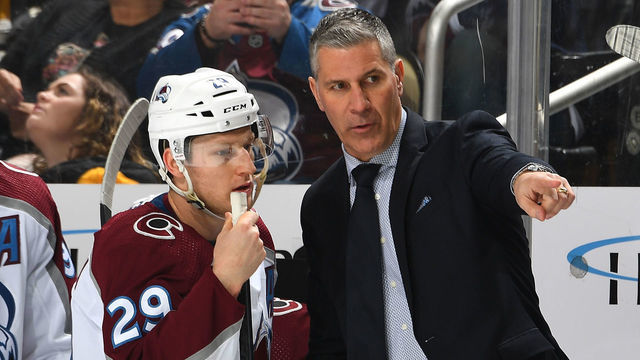 PITTSBURGH, PA - FEBRUARY 07: Head coach Jared Bednar talks with Nathan MacKinnon #29 of the Colorado Avalanche during the game against the Pittsburgh Penguins at PPG PAINTS Arena on February 7, 2023 in Pittsburgh, Pennsylvania.