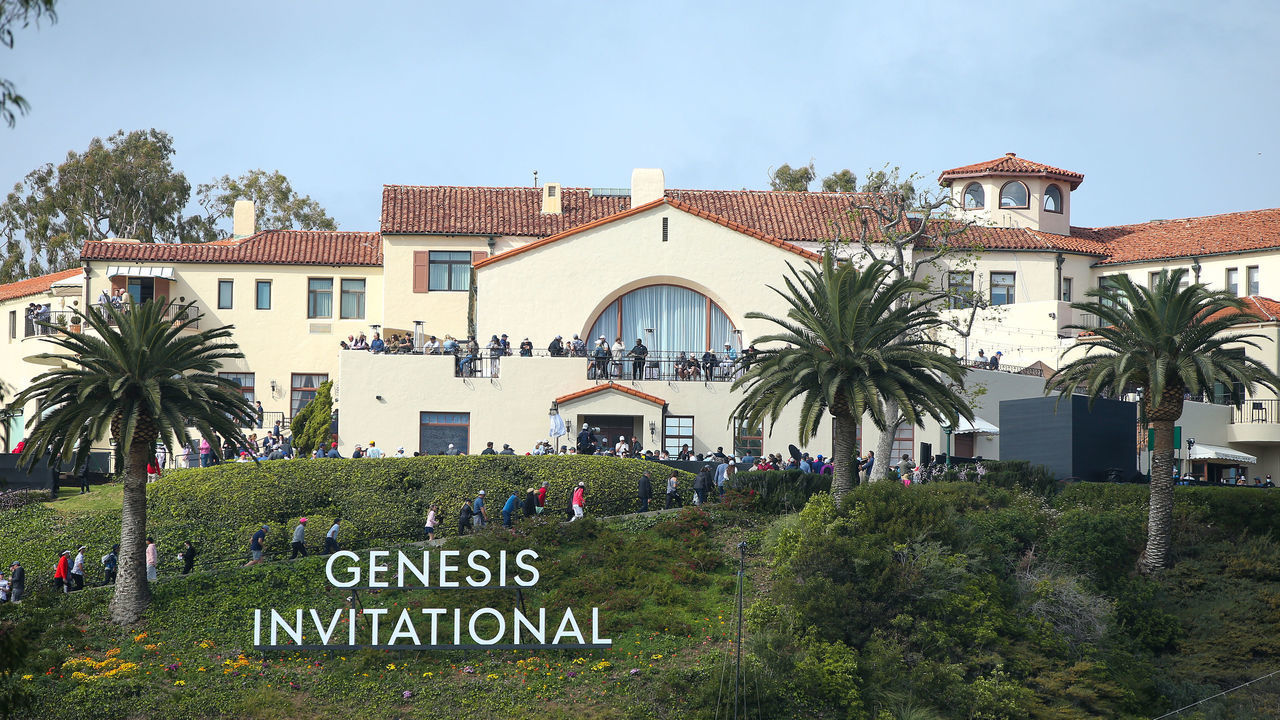 PACIFIC PALISADES, CALIFORNIA - FEBRUARY 20: Genesis signage is seen during the final round of The Genesis Invitational at Riviera Country Club on February 20, 2022 in Pacific Palisades, California.