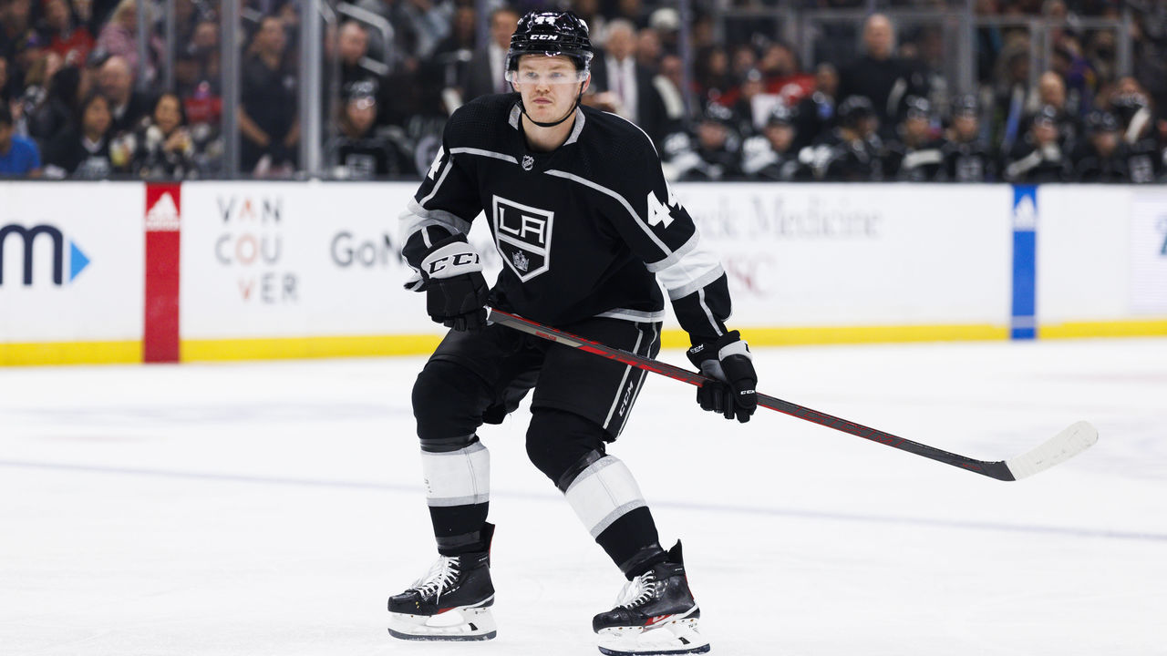 LOS ANGELES, CA - JANUARY 14: Los Angeles Kings defenseman Mikey Anderson (44) skates during the NHL hockey game between the New Jersey Devils and the Los Angeles Kings on January 14, 2023 at Crypto.com Arena in Los Angeles, CA.