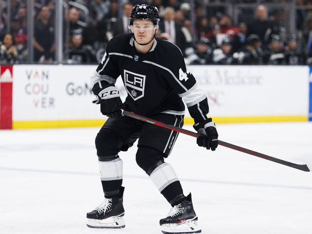 LOS ANGELES, CA - JANUARY 14: Los Angeles Kings defenseman Mikey Anderson (44) skates during the NHL hockey game between the New Jersey Devils and the Los Angeles Kings on January 14, 2023 at Crypto.com Arena in Los Angeles, CA.