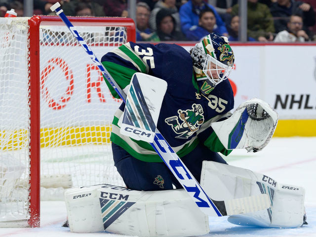 VANCOUVER, CANADA - NOVEMBER 18: Thatcher Demko #35 of the Vancouver Canucks makes a save during the second period of their NHL game against the Los Angeles Kings at Rogers Arena on November 18, 2022 in Vancouver, British Columbia, Canada. Vancouver won 4-1.