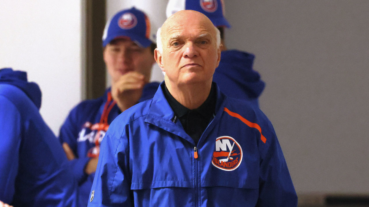 EAST MEADOW, NEW YORK - SEPTEMBER 22: General Manager Lou Lamoriello of the New York Islanders attends practice during training camp at Northwell Health Ice Center at Eisenhower Park on September 22, 2022 in East Meadow, New York.