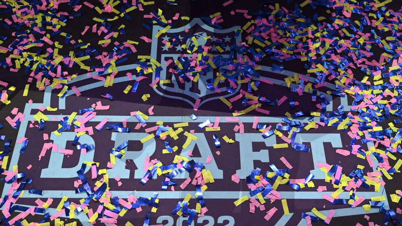 LAS VEGAS, NEVADA - APRIL 30: A general view of confetti on the ground during round five of the 2022 NFL Draft on April 30, 2022 in Las Vegas, Nevada.