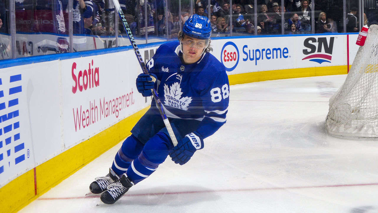 TORONTO, ON - FEBRUARY 11: William Nylander #88 of the Toronto Maple Leafs celebrates his goal against the Columbus Blue Jackets during the first period at the Scotiabank Arena on February 11, 2023 in Toronto, Ontario, Canada.