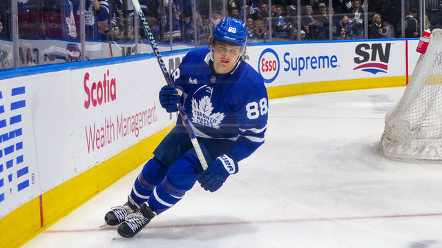 TORONTO, ON - FEBRUARY 11: William Nylander #88 of the Toronto Maple Leafs celebrates his goal against the Columbus Blue Jackets during the first period at the Scotiabank Arena on February 11, 2023 in Toronto, Ontario, Canada.