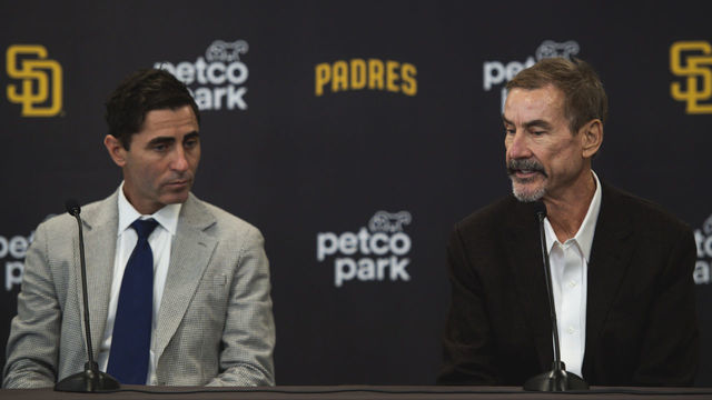 SAN DIEGO, CA - DECEMBER 09: San Diego Padres President of Baseball Operations and General Manager A.J. Preller and Chairman Peter Seidler address the media at Xander Bogaerts introductory press conference at PETCO Park on December 9, 2022 in San Diego, California.