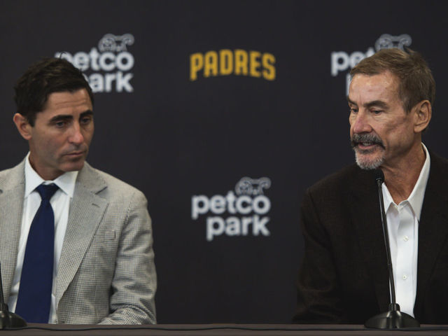 SAN DIEGO, CA - DECEMBER 09: San Diego Padres President of Baseball Operations and General Manager A.J. Preller and Chairman Peter Seidler address the media at Xander Bogaerts introductory press conference at PETCO Park on December 9, 2022 in San Diego, California.