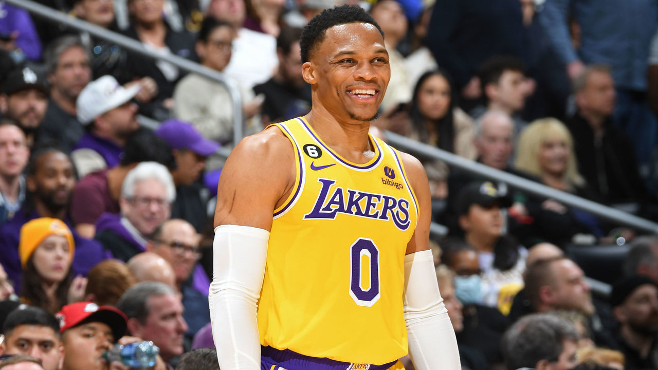 LOS ANGELES, CA - FEBRUARY 7: Russell Westbrook #0 of the Los Angeles Lakers smiles against the Oklahoma City Thunder on February 7, 2023 at Crypto.Com Arena in Los Angeles, California. NOTE TO USER: User expressly acknowledges and agrees that, by downloading and/or using this Photograph, user is consenting to the terms and conditions of the Getty Images License Agreement. Mandatory Copyright Notice: Copyright 2023 NBAE