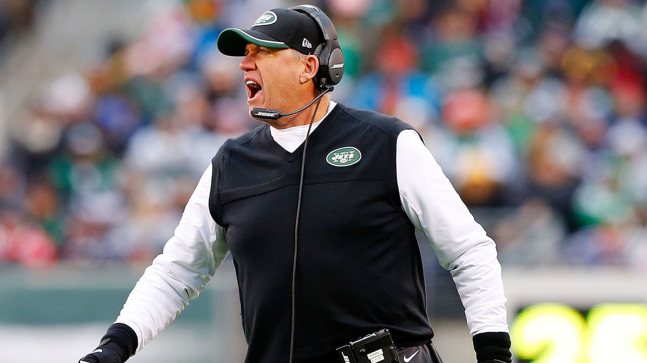 EAST RUTHERFORD, NJ - DECEMBER 21: (NEW YORK DAILIES OUT) Head coach Rex Ryan of the New York Jets reacts during a game against the New England Patriots on December 21, 2014 at MetLife Stadium in East Rutherford, New Jersey. The Patriots defeated the Jets 17-16.