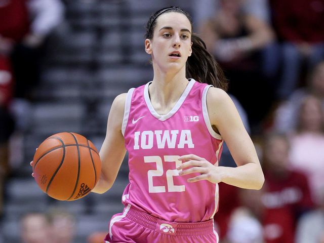 BLOOMINGTON, INDIANA - FEBRUARY 09: Caitlin Clark #22 of the Iowa Hawkeyes against the Indiana Hoosiers at Simon Skjodt Assembly Hall on February 09, 2023 in Bloomington, Indiana.