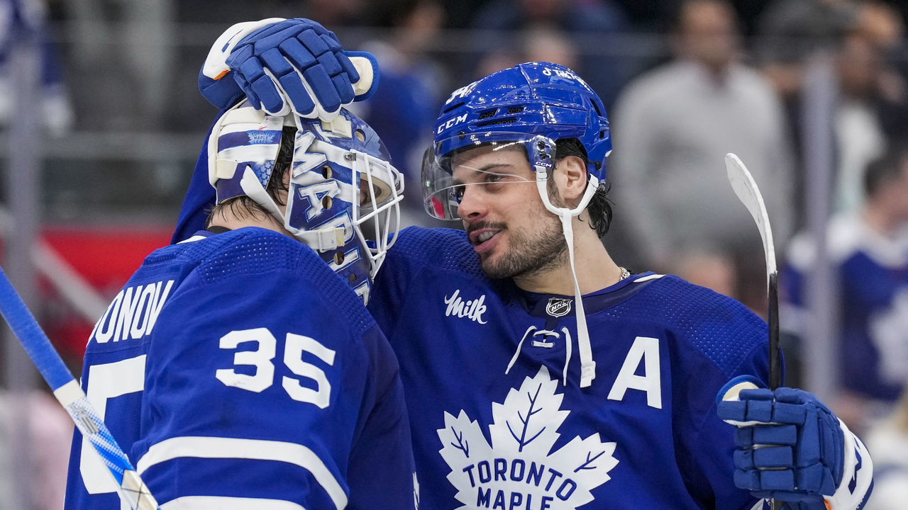 TORONTO, ON - FEBRUARY 15: Ilya Samsonov #35 of the Toronto Maple Leafs celebrates with teammate Auston Matthews #34 after defeating the Chicago Blackhawks at the Scotiabank Arena on February 15, 2023 in Toronto, Ontario, Canada.