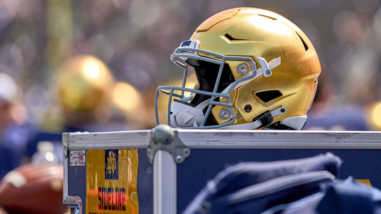 SOUTH BEND, IN - APRIL 23: A detail view of a Notre Dame helmet is seen during the Notre Dame Blue-Gold Spring Football Game on April 23, 2022 at Notre Dame Stadium in South Bend, IN.