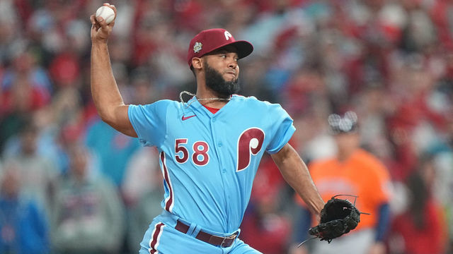 Baseball: World Series: Philadelphia Phillies Seranthony Dominguez (58) in action, pitching vs Houston Astros at Citizens Bank Park. Game 5. Philadelphia, PA 11/3/2022 CREDIT: Erick W. Rasco