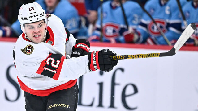 MONTREAL, CANADA - JANUARY 31: Alex DeBrincat #12 of the Ottawa Senators takes a shot during the first period against the Montreal Canadiens at Centre Bell on January 31, 2023 in Montreal, Quebec, Canada. The Ottawa Senators defeated the Montreal Canadiens 5-4.