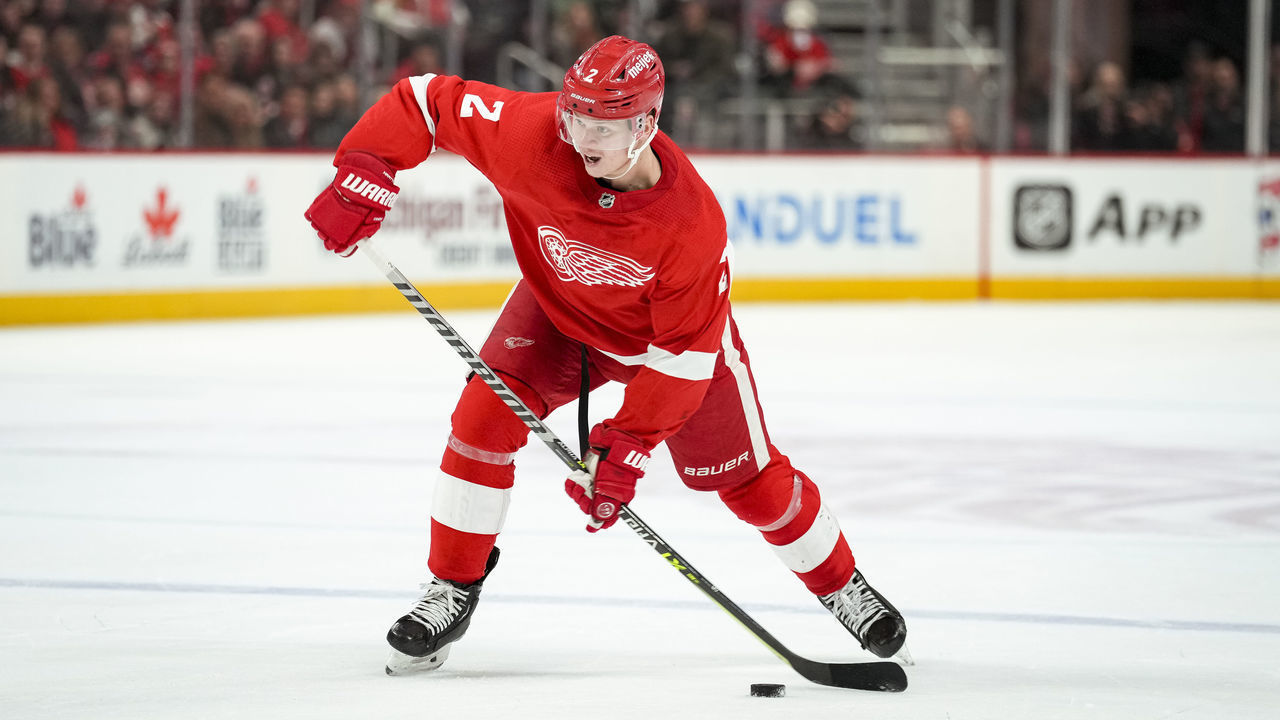DETROIT, MICHIGAN - JANUARY 14: Olli Maatta #2 of the Detroit Red Wings shoots the puck against the Columbus Blue Jackets during the second period at Little Caesars Arena on January 14, 2023 in Detroit, Michigan.