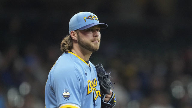 MILWAUKEE, WISCONSIN - SEPTEMBER 30: Corbin Burnes #39 of the Milwaukee Brewers looks on against the Miami Marlins during the fourth inning at American Family Field on September 30, 2022 in Milwaukee, Wisconsin.