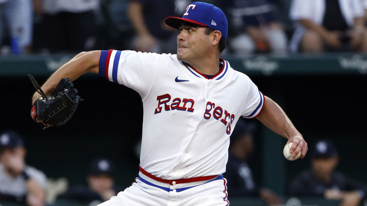 ARLINGTON, TX - OCTOBER 5: Matt Moore #45 of the Texas Rangers pitches against the New York Yankees during the ninth inning at Globe Life Field on October 5, 2022 in Arlington, Texas.
