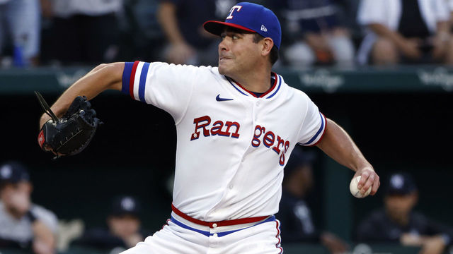 ARLINGTON, TX - OCTOBER 5: Matt Moore #45 of the Texas Rangers pitches against the New York Yankees during the ninth inning at Globe Life Field on October 5, 2022 in Arlington, Texas.