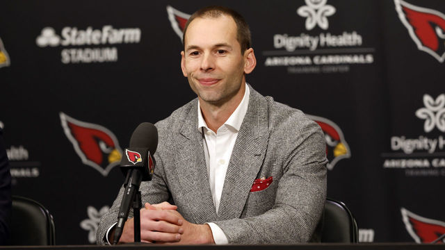 TEMPE, ARIZONA - FEBRUARY 16: New Arizona Cardinals head coach Jonathan Gannon smiles during a press conference at Dignity Health Arizona Cardinals Training Center on February 16, 2023 in Tempe, Arizona.