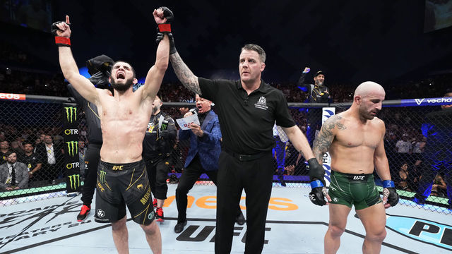 PERTH, AUSTRALIA - FEBRUARY 12: Islam Makhachev of Russia reacts after his victory over Alexander Volkanovski of Australia in the UFC lightweight championship fight during the UFC 284 event at RAC Arena on February 12, 2023 in Perth, Australia.