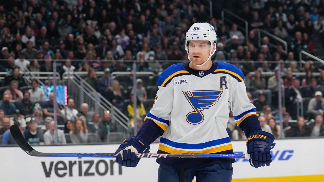 SEATTLE, WASHINGTON - OCTOBER 19: Colton Parayko #55 of the St. Louis Blues skates during his 600th NHL game against the Seattle Kraken at Climate Pledge Arena on October 19, 2022 in Seattle, Washington.