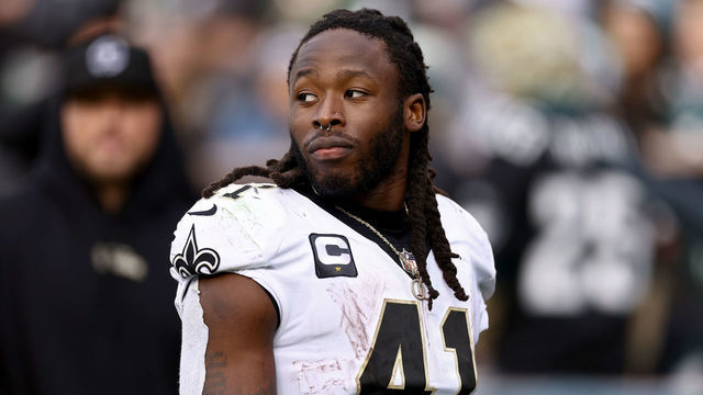 PHILADELPHIA, PENNSYLVANIA - JANUARY 01: Alvin Kamara #41 of the New Orleans Saints looks on against the Philadelphia Eagles during the second quarter at Lincoln Financial Field on January 01, 2023 in Philadelphia, Pennsylvania.