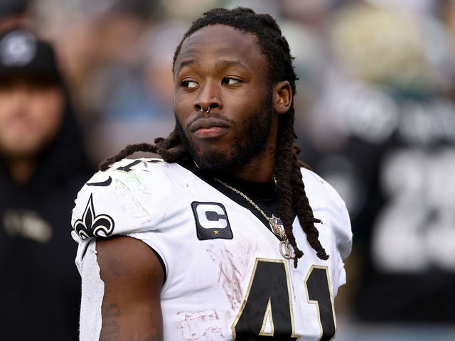 PHILADELPHIA, PENNSYLVANIA - JANUARY 01: Alvin Kamara #41 of the New Orleans Saints looks on against the Philadelphia Eagles during the second quarter at Lincoln Financial Field on January 01, 2023 in Philadelphia, Pennsylvania.