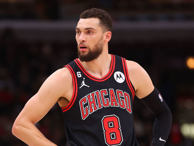 CHICAGO, ILLINOIS - FEBRUARY 16: Zach LaVine #8 of the Chicago Bulls looks on against the Milwaukee Bucks during the first half at United Center on February 16, 2023 in Chicago, Illinois.