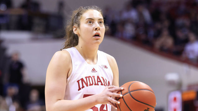 BLOOMINGTON, INDIANA - JANUARY 26: Mackenzie Holmes #54 of the Indiana Hoosiers shoots a free throw in the game against the Ohio State Buckeyes at Simon Skjodt Assembly Hall on January 26, 2023 in Bloomington, Indiana.