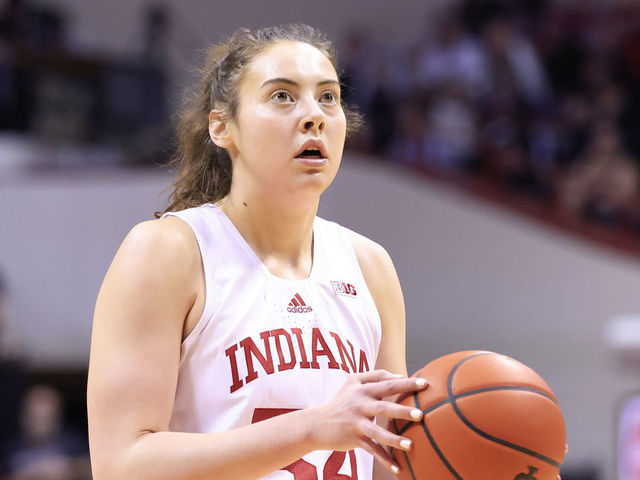 BLOOMINGTON, INDIANA - JANUARY 26: Mackenzie Holmes #54 of the Indiana Hoosiers shoots a free throw in the game against the Ohio State Buckeyes at Simon Skjodt Assembly Hall on January 26, 2023 in Bloomington, Indiana.