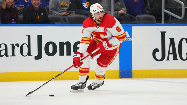 ST LOUIS, MO - JANUARY 12: Chris Tanev #8 of the Calgary Flames skates against the St. Louis Blues at Enterprise Center on January 12, 2023 in St Louis, Missouri.