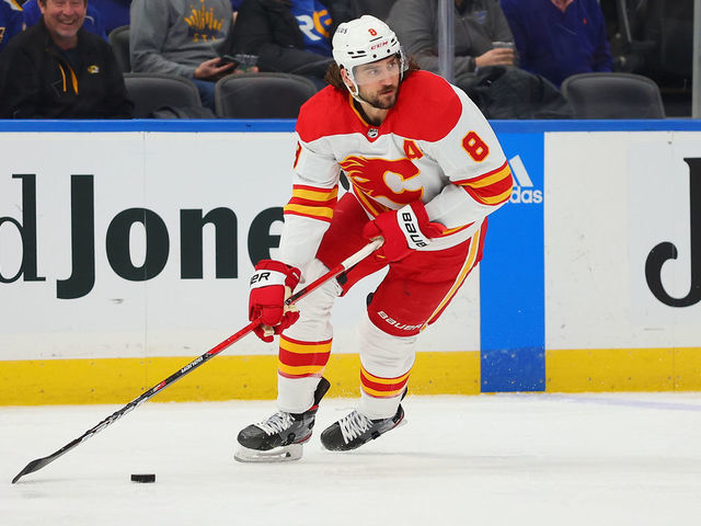 ST LOUIS, MO - JANUARY 12: Chris Tanev #8 of the Calgary Flames skates against the St. Louis Blues at Enterprise Center on January 12, 2023 in St Louis, Missouri.