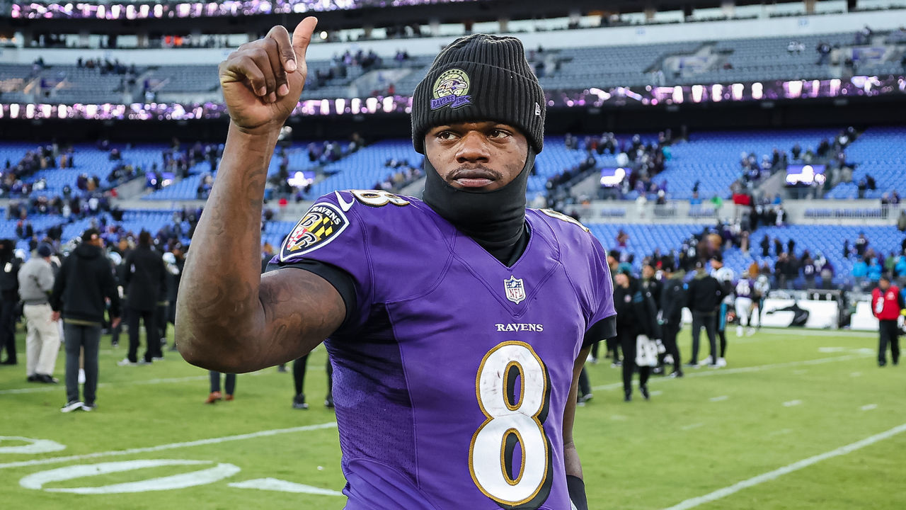 BALTIMORE, MD - NOVEMBER 20: Lamar Jackson #8 of the Baltimore Ravens reacts after the game against the Carolina Panthers at M&T Bank Stadium on November 20, 2022 in Baltimore, Maryland.