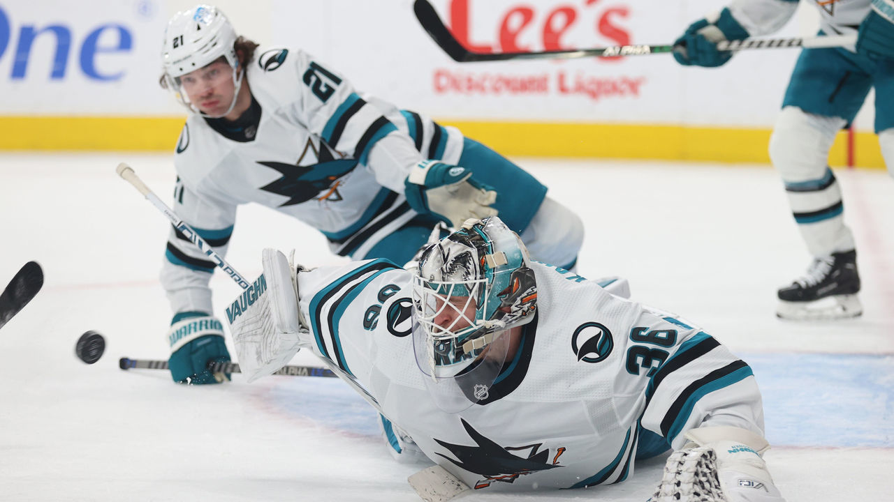 LAS VEGAS, NEVADA - FEBRUARY 16: Kaapo Kahkonen #36 of the San Jose Sharks makes a save during the third period against the Vegas Golden Knights at T-Mobile Arena on February 16, 2023 in Las Vegas, Nevada.