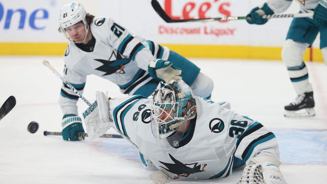 LAS VEGAS, NEVADA - FEBRUARY 16: Kaapo Kahkonen #36 of the San Jose Sharks makes a save during the third period against the Vegas Golden Knights at T-Mobile Arena on February 16, 2023 in Las Vegas, Nevada.