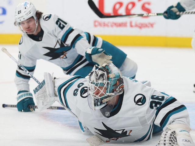 LAS VEGAS, NEVADA - FEBRUARY 16: Kaapo Kahkonen #36 of the San Jose Sharks makes a save during the third period against the Vegas Golden Knights at T-Mobile Arena on February 16, 2023 in Las Vegas, Nevada.