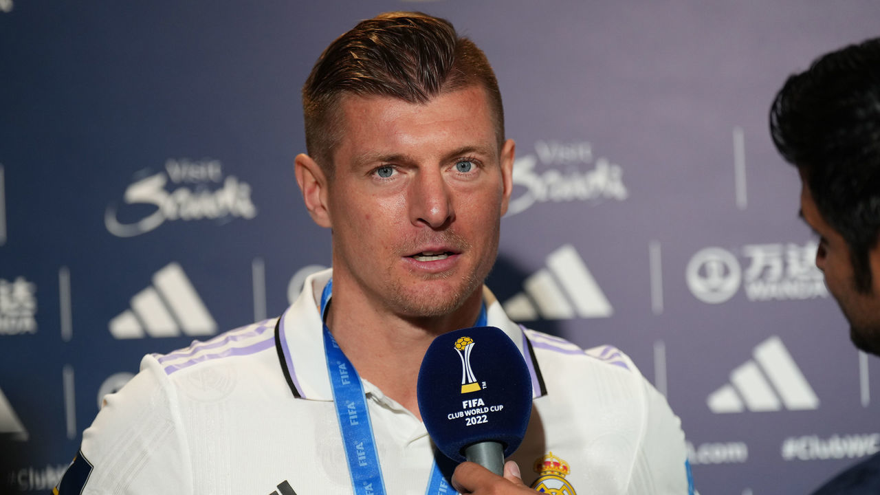 RABAT, MOROCCO - FEBRUARY 11: Toni Kroos of Real Madrid speaks to the media after the FIFA Club World Cup Morocco 2022 Final match between Real Madrid and Al Hilal at Prince Moulay Abdellah on February 11, 2023 in Rabat, Morocco.