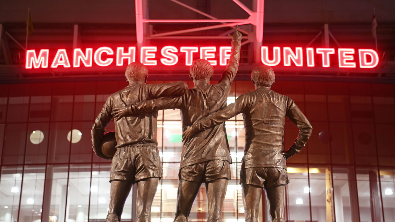 MANCHESTER, ENGLAND - FEBRUARY 08: A general view of the Trinity Statue on the outside of the stadium of Sir Bobby Charlton, George Best and Denis Law prior to the Premier League match between Manchester United and Leeds United at Old Trafford on February 08, 2023 in Manchester, England.
