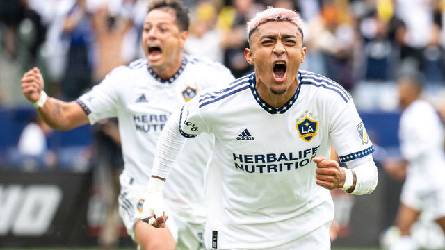 CARSON, CA - OCTOBER 15: Julian Araujo #2 of Los Angeles Galaxy celebrates his game winning goal during the MLS Cup Round of 16 match against Nashville SC at the Dignity Health Sports Park on October 15, 2022 in Carson, California. Los Angeles Galaxy won the match 1-0