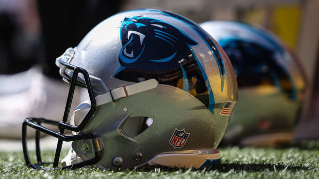 LANDOVER, MD - AUGUST 13: A general view of a Carolina Panthers helmet during the second half of the preseason game between the Washington Commanders and the Carolina Panthers at FedExField on August 13, 2022 in Landover, Maryland.