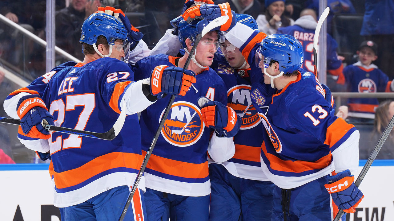 ELMONT, NEW YORK - FEBRUARY 17: Brock Nelson #29 of the New York Islanders celebrates his third period goal against the Pittsburgh Penguins at UBS Arena on February 17, 2023 in Elmont, New York.
