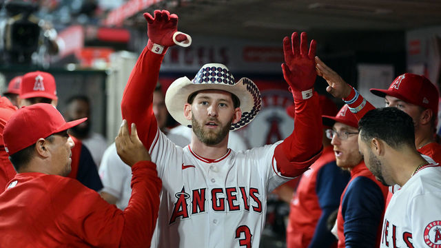ANAHEIM, CA - SEPTEMBER 28: Los Angeles Angels right fielder Taylor Ward (3) in the dugout after hitting a solo home run in the eighth inning of an MLB baseball game against the Oakland Athletics played on September 28, 2022 at Angel Stadium in Anaheim, CA.