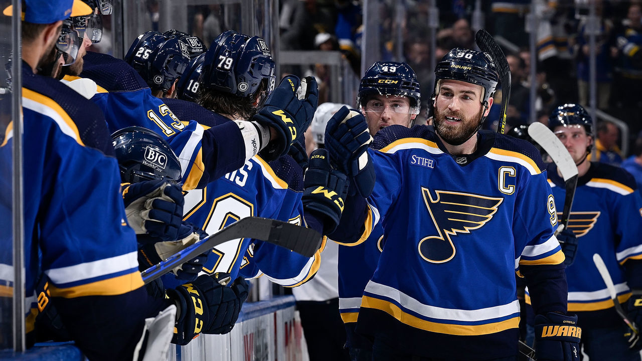 ST. LOUIS, MO - FEBRUARY 14: Ryan O'Reilly #90 of the St. Louis Blues is congratulated after scoring a goal against the Florida Panthers at the Enterprise Center on February 14, 2023 in St. Louis, Missouri.